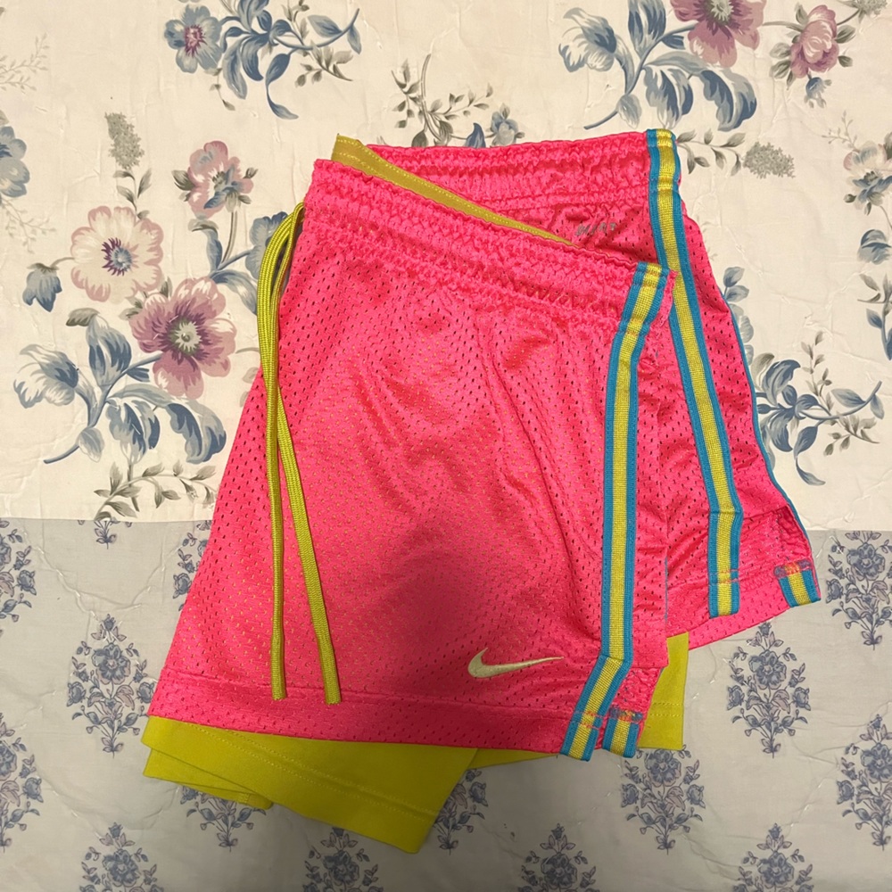 Nike Dri Fit Pink Mesh Shorts with Built in Yellow Spandex (Size L)